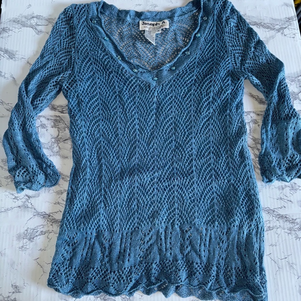 Joseph A  V Neck Knit Sweater Blue Jewel Accents Size M Crochet W tank LNC